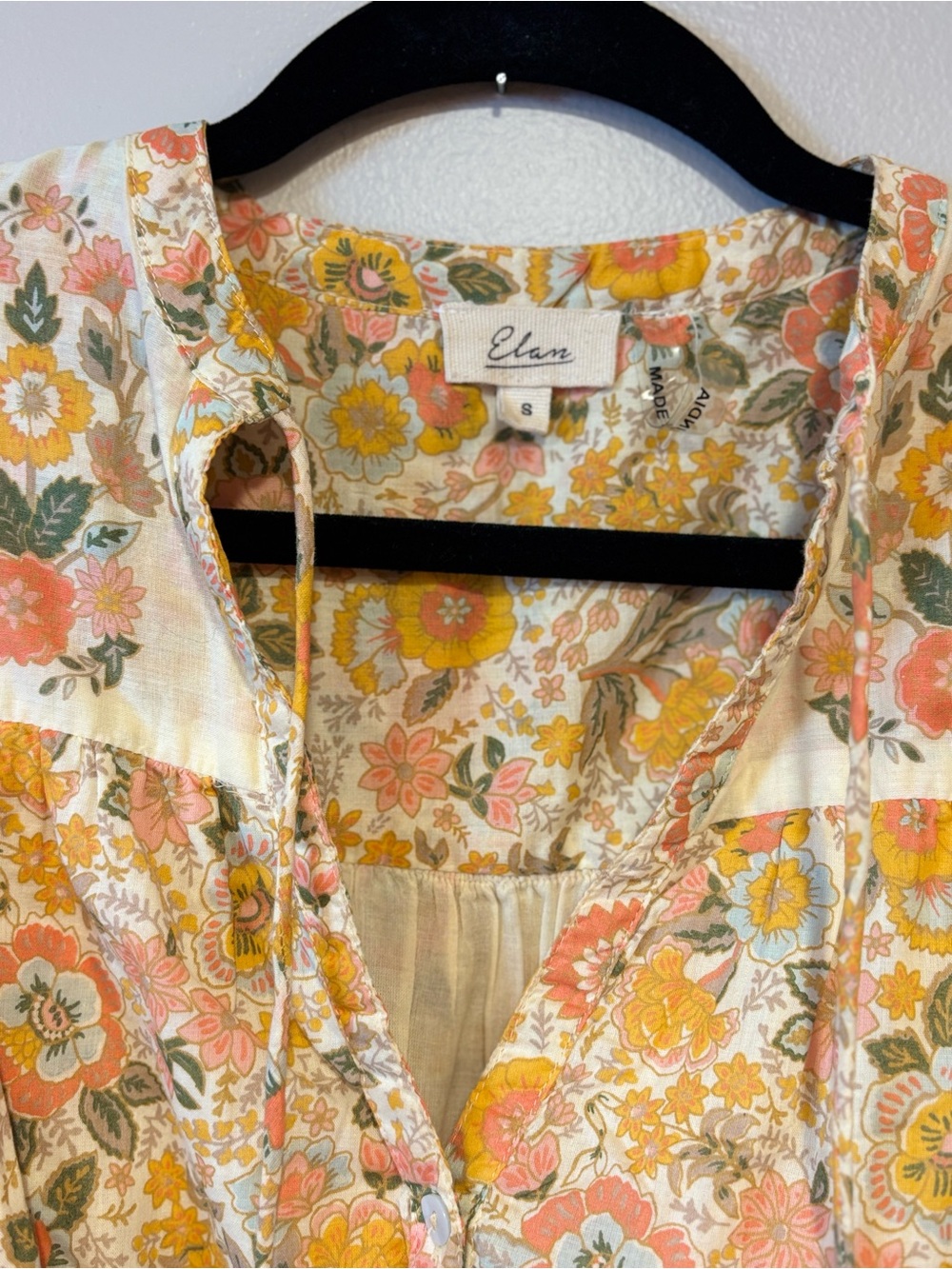 ELAN Monterey Print Tie Neck Long Sleeve Mini Dress Floral Boho Cream Yellow S - Picture 3 of 8